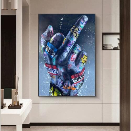 Blue Middle Finger Graffiti Posters And Prints Modern Street Abstract Canvas Painting Print Wall Art Pictures Home Decoration