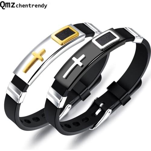Hip hop Punk Cross silicone Bangle Stainless Steel Leather Bracelets & Bangles