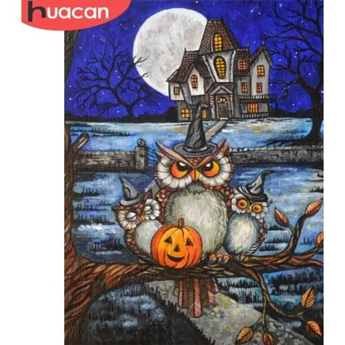 HUACAN Full Square Round Diamond Painting Halloween Diamond Embroidery Owl Animal Mosaic Home Decoration Wall Art