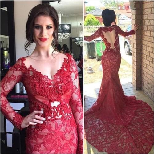 Red Muslim Evening Dresses Mermaid Long Sleeves Lace Beaded Elegant Islamic Dubai Saudi Arabic Long Evening Gown Prom Dress