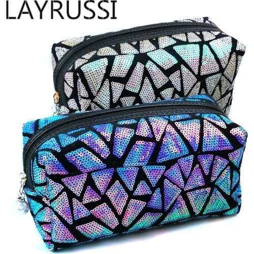 LAYRUSSI Geometric Sequin Cosmetic Bag For Women Lady Travel Makeup Bag Zipper Make Up Storage Bags Female Toiletry Beauty Case