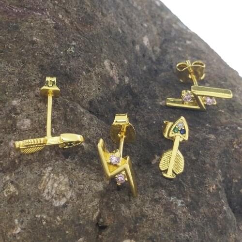 Small Stud Earrings Fish Bones Charms Jewelry Cute Mini Ear Studs Arrow Earrings CZ Zircon Lightning Stud Earrings For Womem