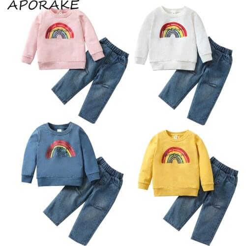 2021 0-4Y Infant Casual Baby Girl Clothing Fall Rainbow Letter Pattern Print Long Sleeve Round Neck Pullover+Ripped Denim Pants