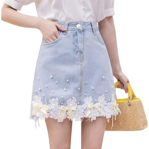Zoki Fashion Lace Flower Denim Skirt Summer Pearl High Waist Ladies Jean Mini Skirt Causal Korean Slim Girls Short Faldas 2020
