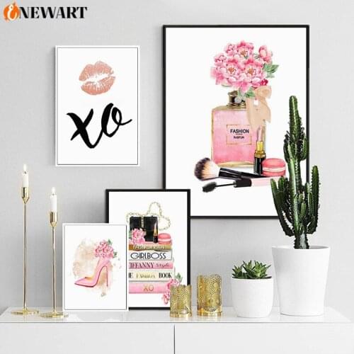 Modernism Fashion Decorative Canvas Painting Wall Poster Print Flower Pink Perfume Home Poster for Girl Bedroom Decoration Art