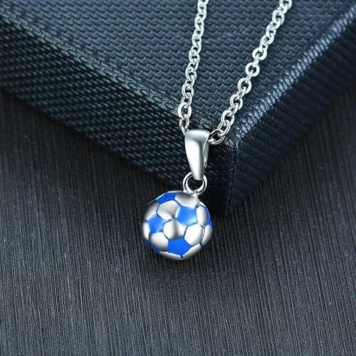 Mens Sports Football Necklaces Silver Color and Blue Tone Stainless Steel Soccer Pendant colar masculino Free O Chain 24"
