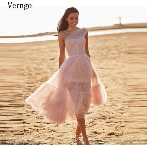 Verngo Simple A Line Pastel Pink Tulle Prom Dresses One Shoulder Pleats Tea Length Wedding Party Gowwns Beach 2021 Formal Dress
