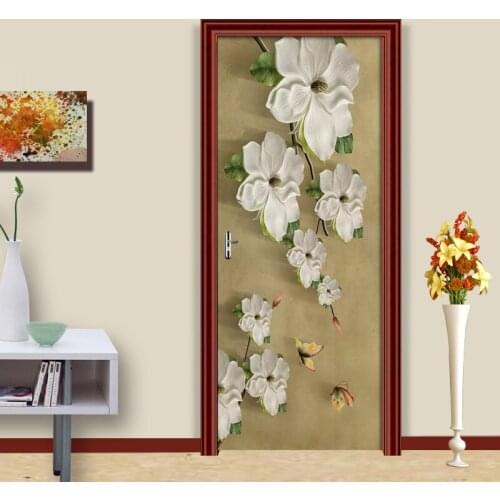 Embossed Floral Butterfly 3D Door Sticker Wall Mural Art Poster PVC Self Adhesive Removable Wallpaper Decor Home Door 3D Decals