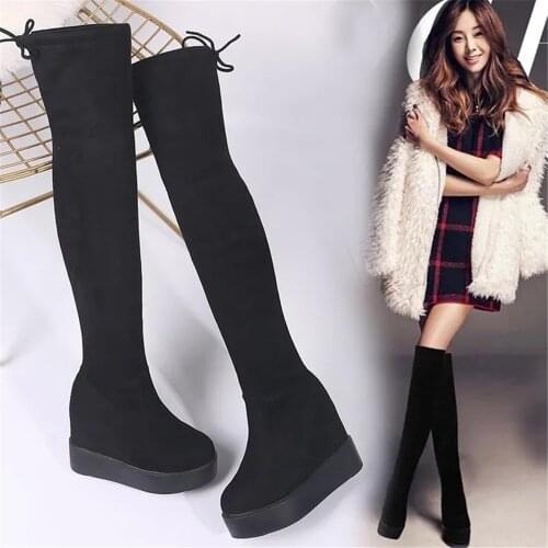 New Winter Over The Knee Boots Women Platform Thigh Fashion Long Booties Wedge High Heels Slip On Elastic Flock Motorcycle Boots