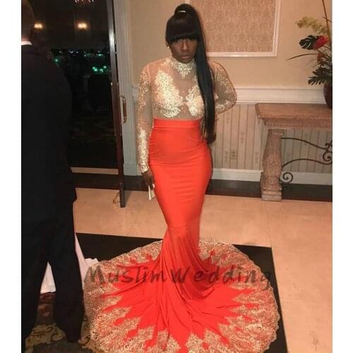 Sexy See Through Nigeria Prom Dresses High Neck Long Sleeve Orange Mermaid Evening Dress Gold Appliques African Prom Gowns 2020