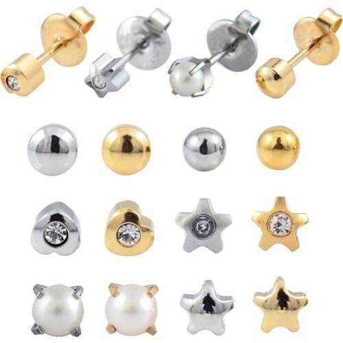 12pairs Surgical Steel Crystal Earring Jewelry Ear Piercing Studs Mixed Colors Assorted Shape Star Heart Moon & Pearl 20gauge