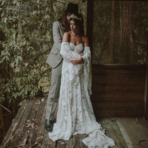 Deep Nude Lining Wedding Dresses Heavy Cotton Lace Bohemian Unique Classical Bridal Gowns Rude Soriee Noivas DW183