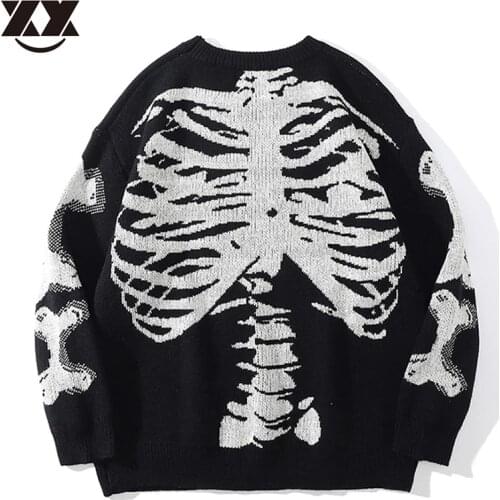 Back Skull Print Knitted Sweater Men Women Fashion Harajuku Loose Vintage Oversized Autumn Streetwear Retro Pullover Unisex