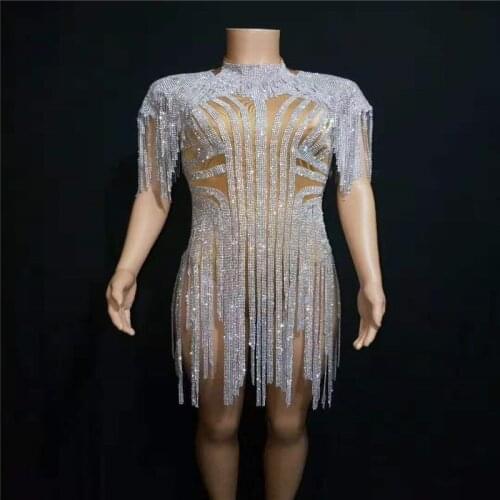 T34 Female silver tassel bodysuit nude stage costumes perform evening dress rhinestone women bodysuit dj outfit clothe party bra
