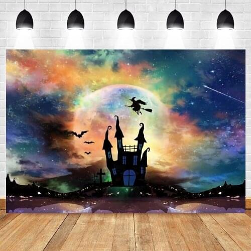 Happy Halloween Backdrop Background Photography Castle Moon Witch Wizard Sky Photo Studio Vinyl Photophone Photozone Photocall