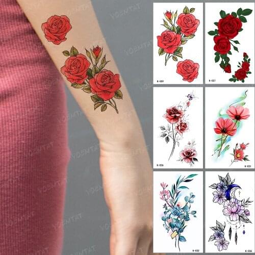 Waterproof Temporary Tattoo Sticker Red Rose Peony Flower Leaf Color Tatto Arm Fake Tatoo Man Woman Child Body Art Flash Tattoos