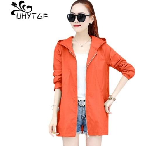 UHYTGF New 4XL plus size sun protection clothing hooded breathable outdoor summer jacket womens soft comfortable thin tops 1596