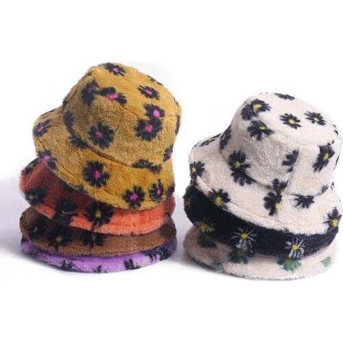 Womens Hats Autumn Winter Fashion Plush Warm Marguerite Printed Sunscreen Fishman Bucket Basin Hat ALL-match Warm Caps 9 Colors