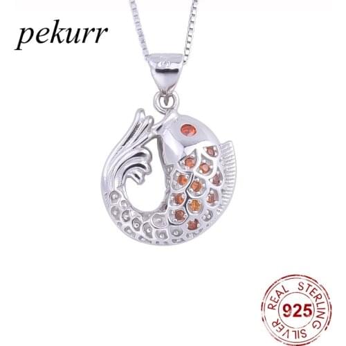 Pekurr 925 Sterling Silver Red Zircon Carp Fish Necklaces For Women Female Pendants Animal Fashion Jewelry Lucky Symbol Gift