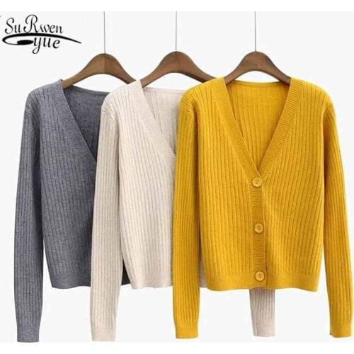 2021 Autumn and Winter Korean Solid V-neck Thick cardigan Female Top Long Sleeve Womens Sweater Cardigan Ropa De Mujer 10645
