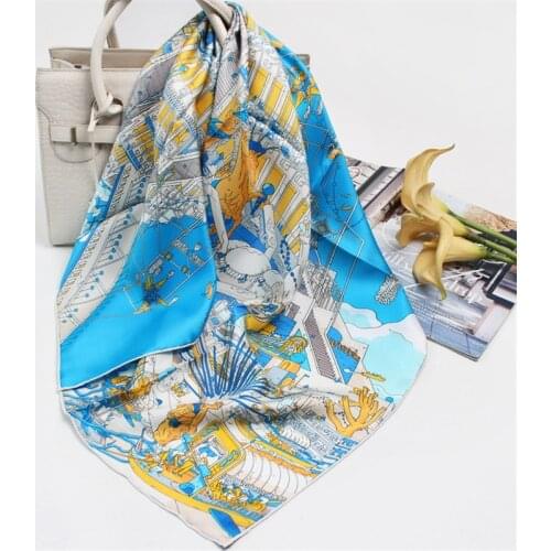 100% Pure Silk Scarf Women Fly Horse City Square Scarves Wraps Head Handkerchief Muslim Hijabs Silk Foulards Bandana 90x90CM