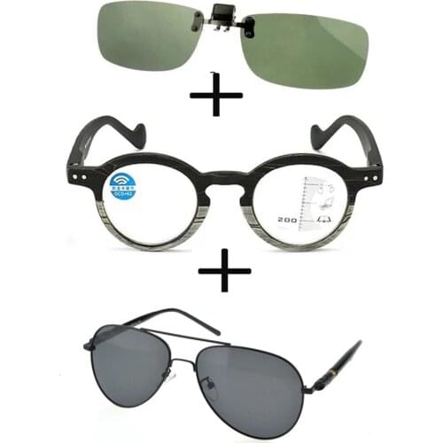 3Pcs!!! Progressive Multifocal Far and Near Reading Glasses Men Women + Polarized Sunglasses Pilot Alloy + Sunglasses Clip