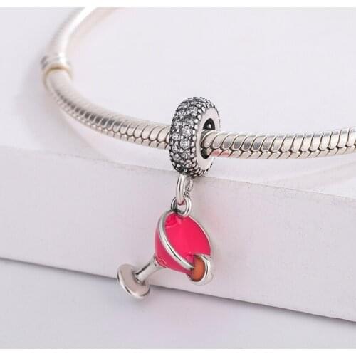 925 Sterling Silver Red Enamel Red Wine Glass Bottle Pendant Charm Bracelet Fashion Jewelry DIY Making For Original Pandora