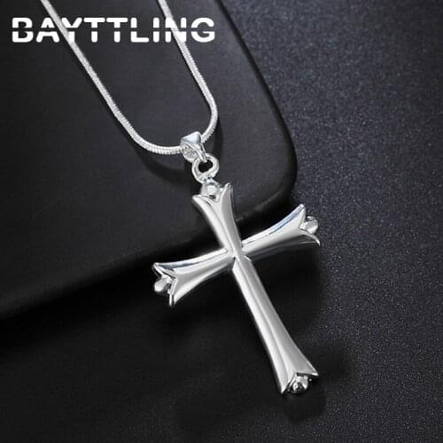 BAYTTLING New 18 Inch 925 Sterling Silver Glossy Cross Pendant Necklace For Woman Men Fashion Christmas Party Jewelry Gift