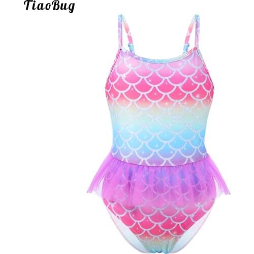 TiaoBug Summer Kids Girls Mermaid One-Piece Swimwear Adjustable Spaghetti Straps Mesh Hem Beach Pool Bathing Bodysuit Jumpsuit