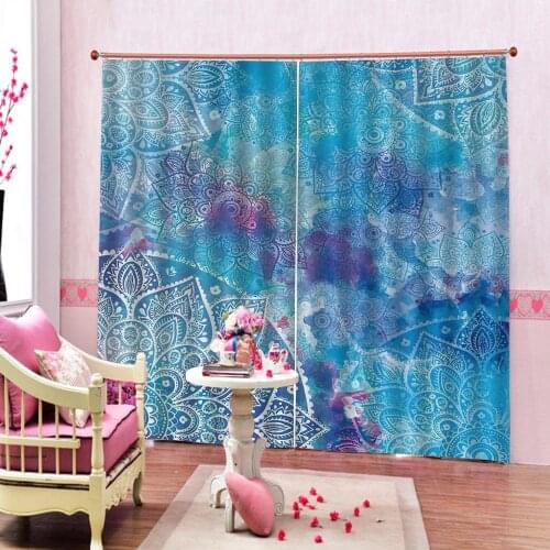 European Blue print pattern Polyester Fabric Curtain For Living Room Bedroom Blackout Window Drapes Sets 2 Panels With Hooks