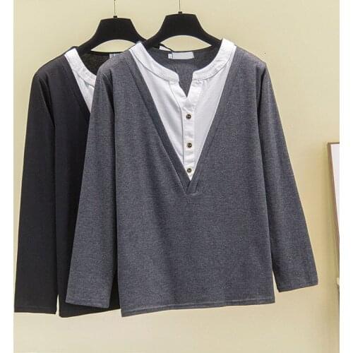 Nkandby Plus Size Cotton T-shirt Autumn Button V-Neck Long Sleeve Female Tshirt Loose Patchwork Fake Two Piece Oversize Tops