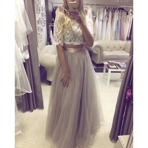 2 Piece Lace Tulle Prom Dresses 2021 Half Sleeve Formal Evening Party Dress A Line Robe De Soiree