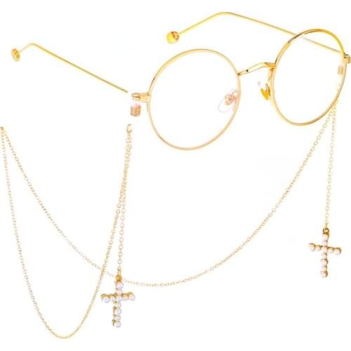 JGL0035 2020 new design cross shape fashion glasses chain white pearl drop pendant handmade glasses chain Europe women jewelry