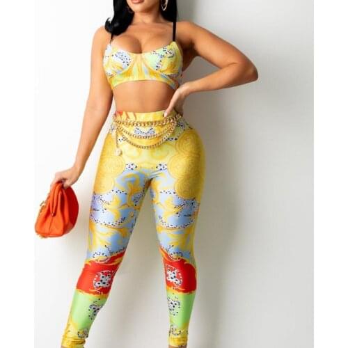 Colorful Print Sleeveless Top and High Waist Pant Trousers Pants Two Piece Set Womens Fashion Outfits Yoga Fitness Bra Hip Pants