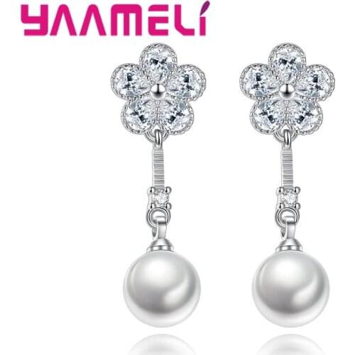 Best lady New Fashion Silver Jewelry Luxury Simulated Pearl Drop Earrings for Women Wedding Engagement Flower Pendant