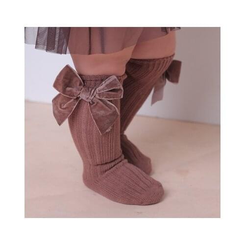 0-3Y Baby Girl Knee High Stockings Winter Warm Rib Knitted Solid with Big Velvet Bow for Infants Toddlers