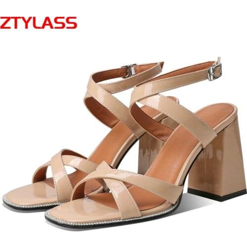 Summer Gladiator Women Sandals Fashion Mirrored Patent Leather Rhinestone Square Heel Sandals Ladies Buckle Dress Shoes 34-43