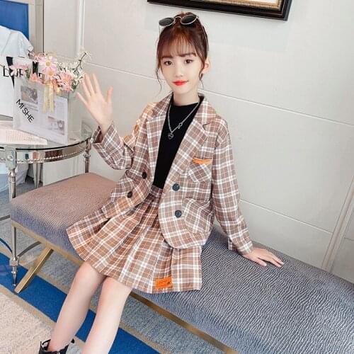 School Girl Uniform Girl Spring And Autumn Plaid Suit Girl Plaid Suit Jacket And Pleated Skirt 2-piece Set Green Khaki 8 10 Y