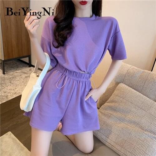 Beiyingni Tracksuit Women Two Peices Set Casual Outfits Oversized T Shirts Female Cropped Top High Waist Shorts Pants Loung Wear