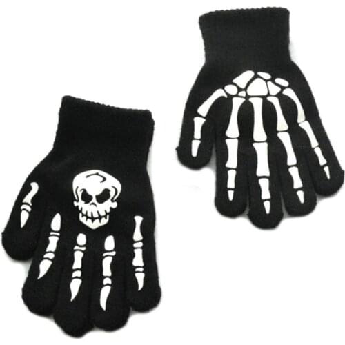 Null Men Women Adult Halloween Skeleton Skull Half Finger Gloves Glow in the Dark Luminous Fingerless Stretch Knitted Winter