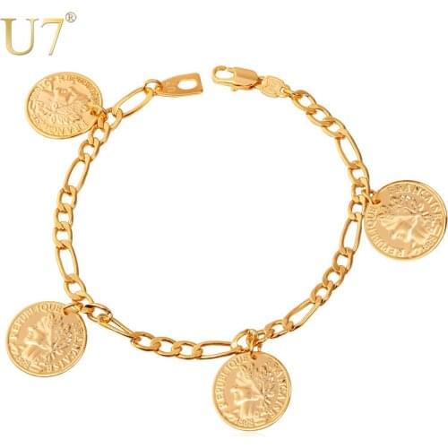 U7 France Coin Charm Bracelets Fashion Gold Color Vintage Figaro Chain Bracelets & Bangles For Women/ Men Jewelry H377