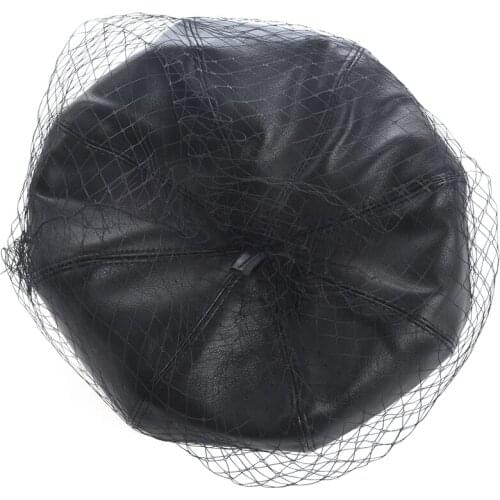 Fascinating Black Hat Chic Leather French Beret With Veil Mesh Show Double Layer Women Beret Beanies Cap