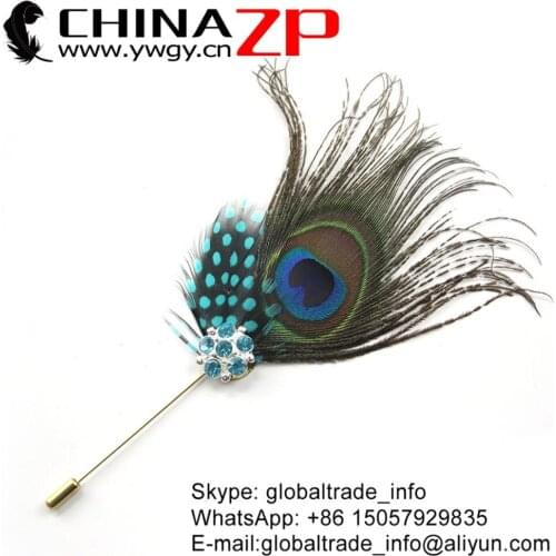 CHINAZP Factory Top Quality Handmade Peacock Feather Hair Pin Accessory with Light Blue Guinea Feather Brooch