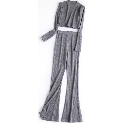 Spring and autumn new style pure color elegant knitted long-sleeved pullover women, high-waist flared casual pants womens suit