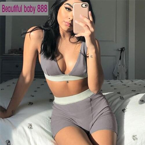 Meqeiss Casual training 2two-piece sets women V-neck vest pants Jogging suit sportswear style solid color gym female sportswear