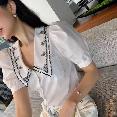 Beaded Embroidered Doll Collar Shirt White Button Puff Sleeve Female Designer Luxury Brand Clothes Top Summer New 2021