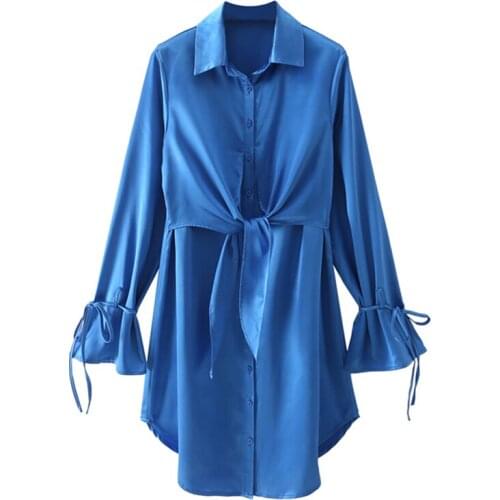 YENKYE New Design Women Lace Up Blue Satin Shirt Dress Female Tie Cuffs Long Sleeve Lapel Collar Loose Dress Short Vestido