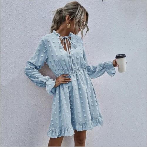 Long Flared Sleeve Mini Dress for Women Solid Color Lace Up V-neck Short Dress High Waist Ladies Ruffled Slim Fit Mini Dress