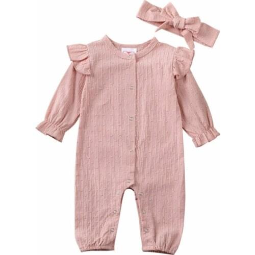 2020 Spring Infant Baby Girl Kid Long Sleeve Solid Bodysuit Tops + Headband Clothes 2PCS 0-18M