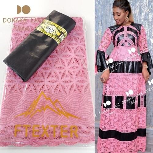 2020 High Quality Dry Laces 2.5+2.5 Yards With Bazin Riceh Fabrics Swiss Voile Pink Senegal African Wedding Bride Dress Dry Lace